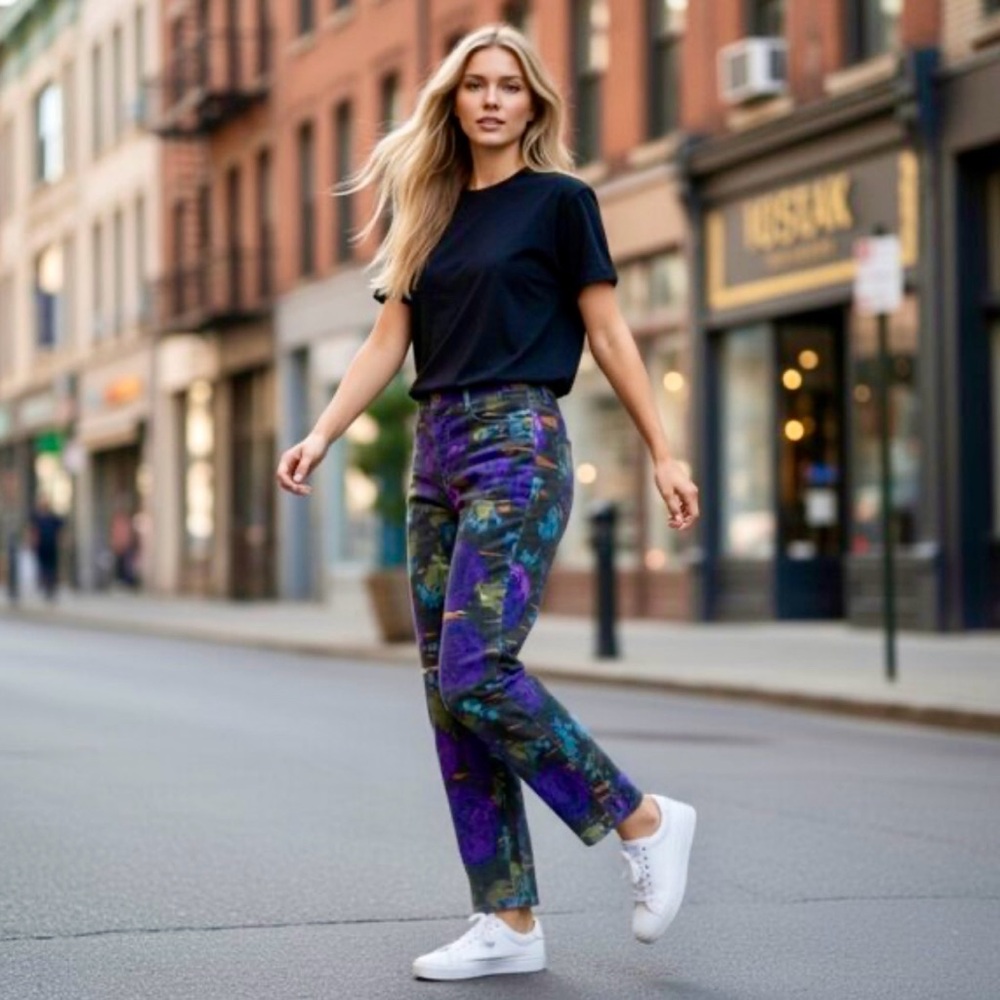 Carlisle Wisteria Abstract Multi Blue Purple Jean style Women’s Pant Sz 8